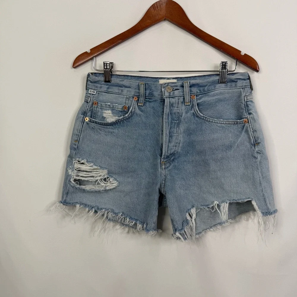 Citizens‎ of Humanity Annabelle Long Distressed Denim Shorts Light Wash 26